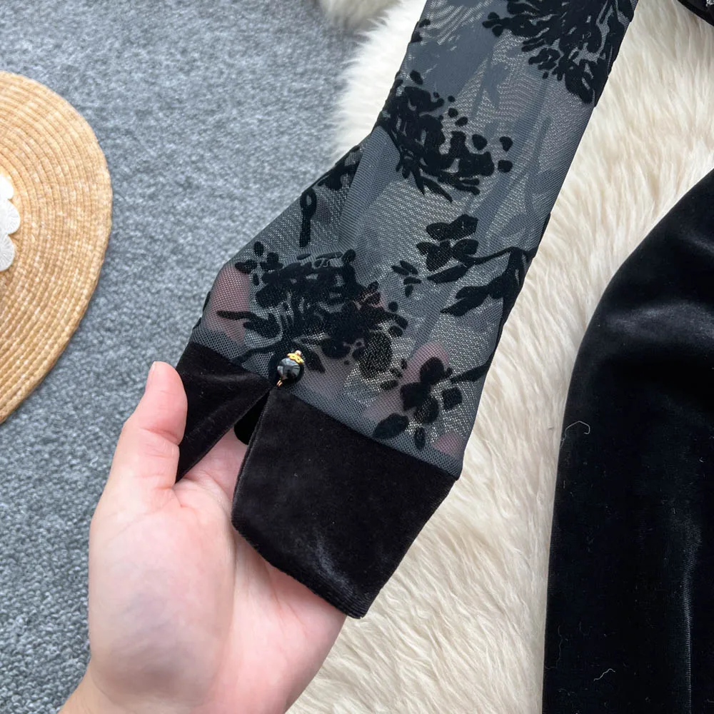 シックなヴィンテージベロアメッシュ長袖ドレスエレガントな妖精韓国ファッション秋パーティー女性服