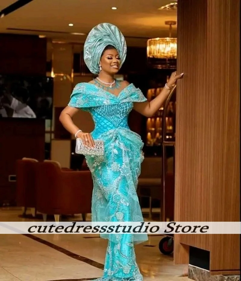 Prachtige blauwe kant applique kralen uit de schouder avondjurken voor vrouwen bruiloft receptie jurk prom jassen aangepast