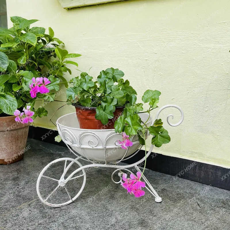 Country vintage wrought iron trolley flower pot, garden courtyard balcony outdoor indoor