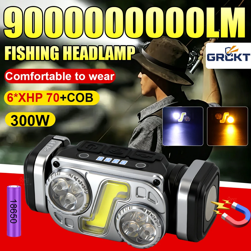 Lampe frontale de pêche XHP70 rechargeable, lampe LED avec capteur, phare avant LED ultra puissant, 18650, accessoires de pêche pour les vacances.lampe frontale à led rechargeable lampe frontale à led ultra puissante l