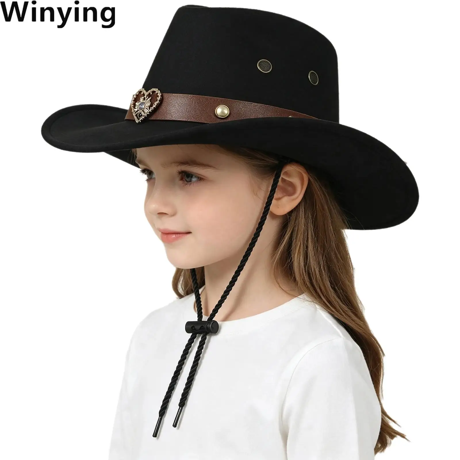 Kids Boys Girls Western Cowboy Hat Wide Brim Retro Band Decoration Cap with Adjustable String for Travel Outdoor