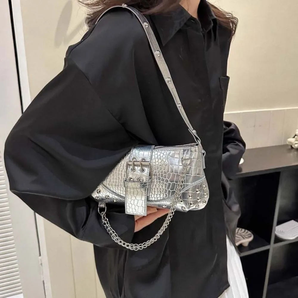

Y2K Crocodile Underarm Bag Korean Style Solid Color PU Rivet Chain Handbag High Quality Waterproof Texture Shoulder Bag School