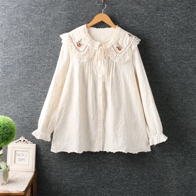 

Spring Autumn Japan Style Mori Girl Sweet Floral Embroidery Shirt Women Peter Pan Collar Long Sleeve Cotton Linen Blouse Blusas