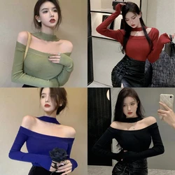 Sweater Mujer Sexy Off Shoulder Slim Knitted Sweaters White Black Women Pullovers Long Sleeve Top Pull Femme Vintage Knitwears