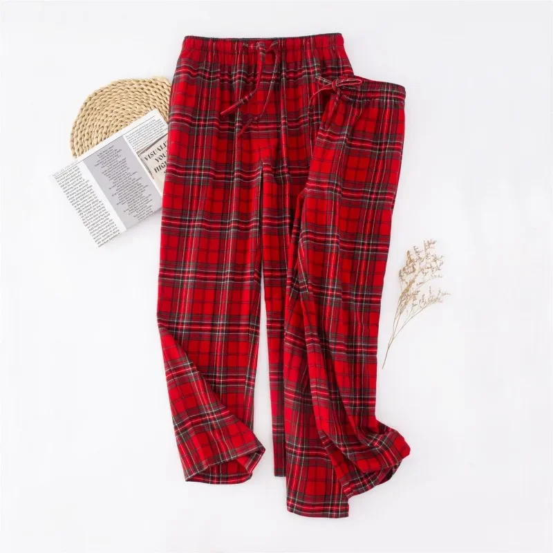 

Spring Autumn Men 100%Cotton Sleep Bottoms Male Red Nightwear Trousers Casual Plaid Home Pants Couples Top Quality Pajama Pants