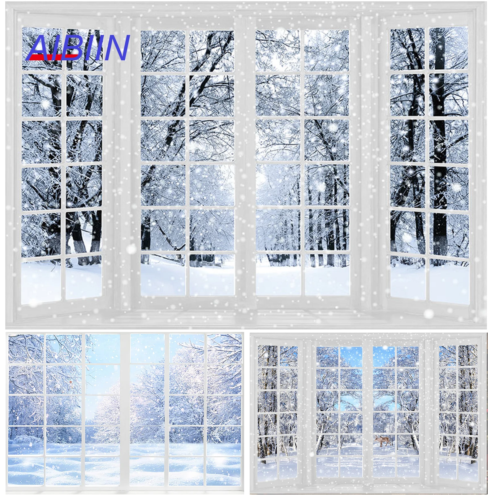 

Winter Snow Scene Window Photography Background Snowflake Trees Wonderland Family Party Decor Backdrop Portrait Photozone Prop