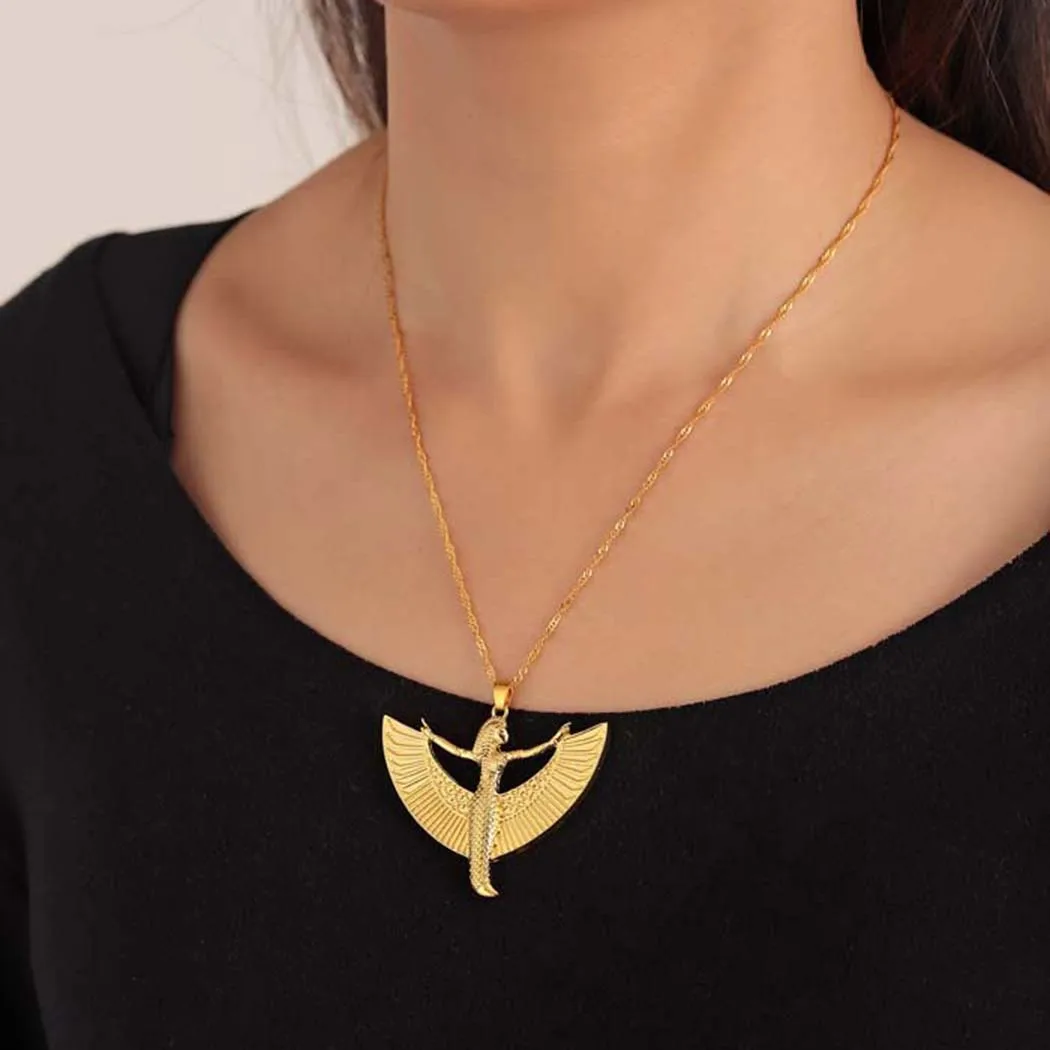 Ancient Egyptian Myths Maat Goddess Necklace Isis Pendant Eagle Wing Feather Lucky Collar Chain Woman Amulet Jewelry Gift