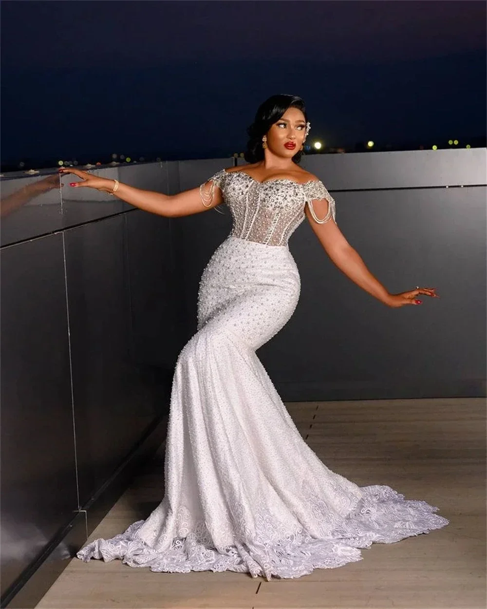 Customized  Sweetheart See Through Pearls Beads Mermaid Wedding Dress Sweep Train Robe De Mariée Off The Shoulder Bridal Gown