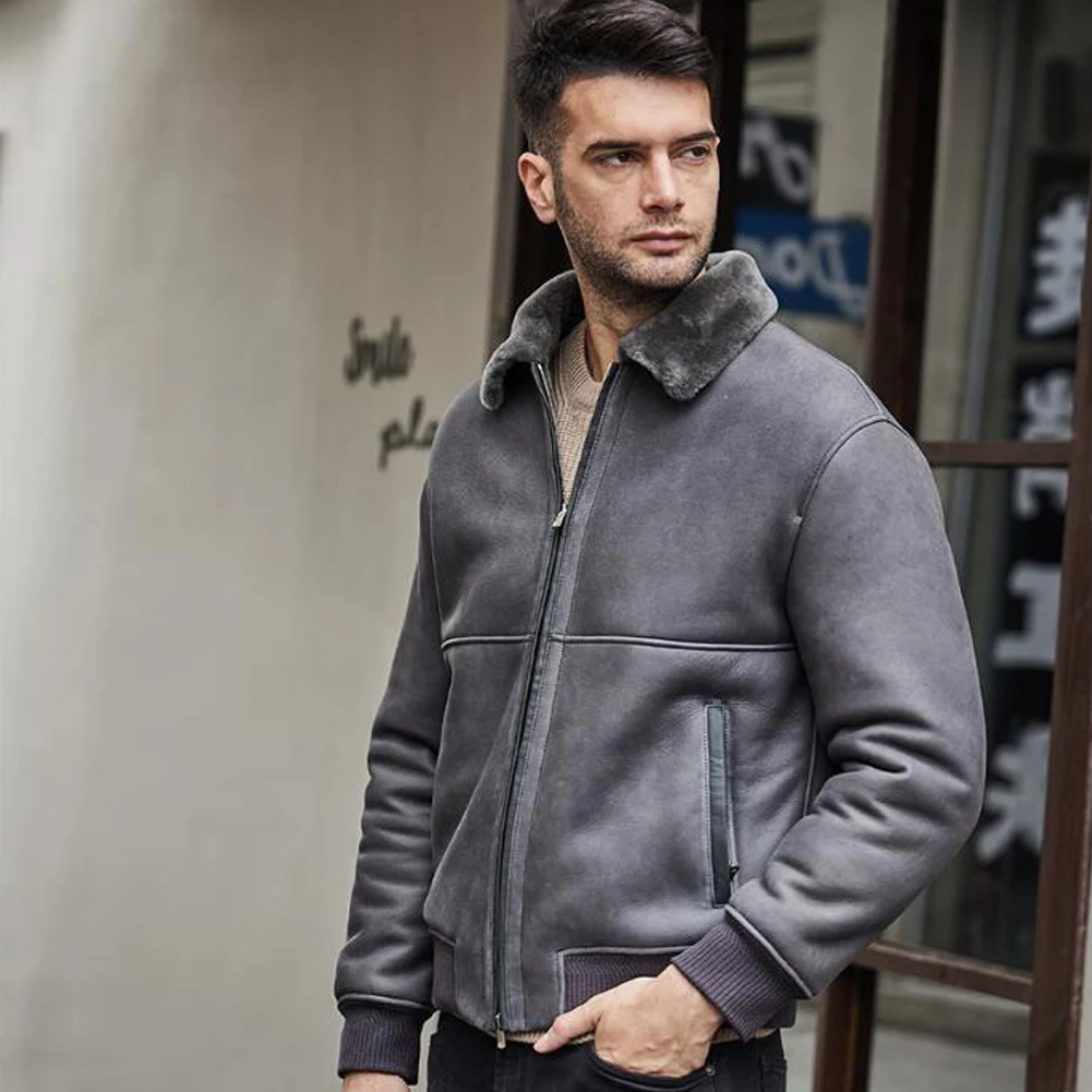 Denny&Dora Mens Short Shearling Jacket Casual Coat Grey Leather Jacket Lapel Collar Sheepskin Coat