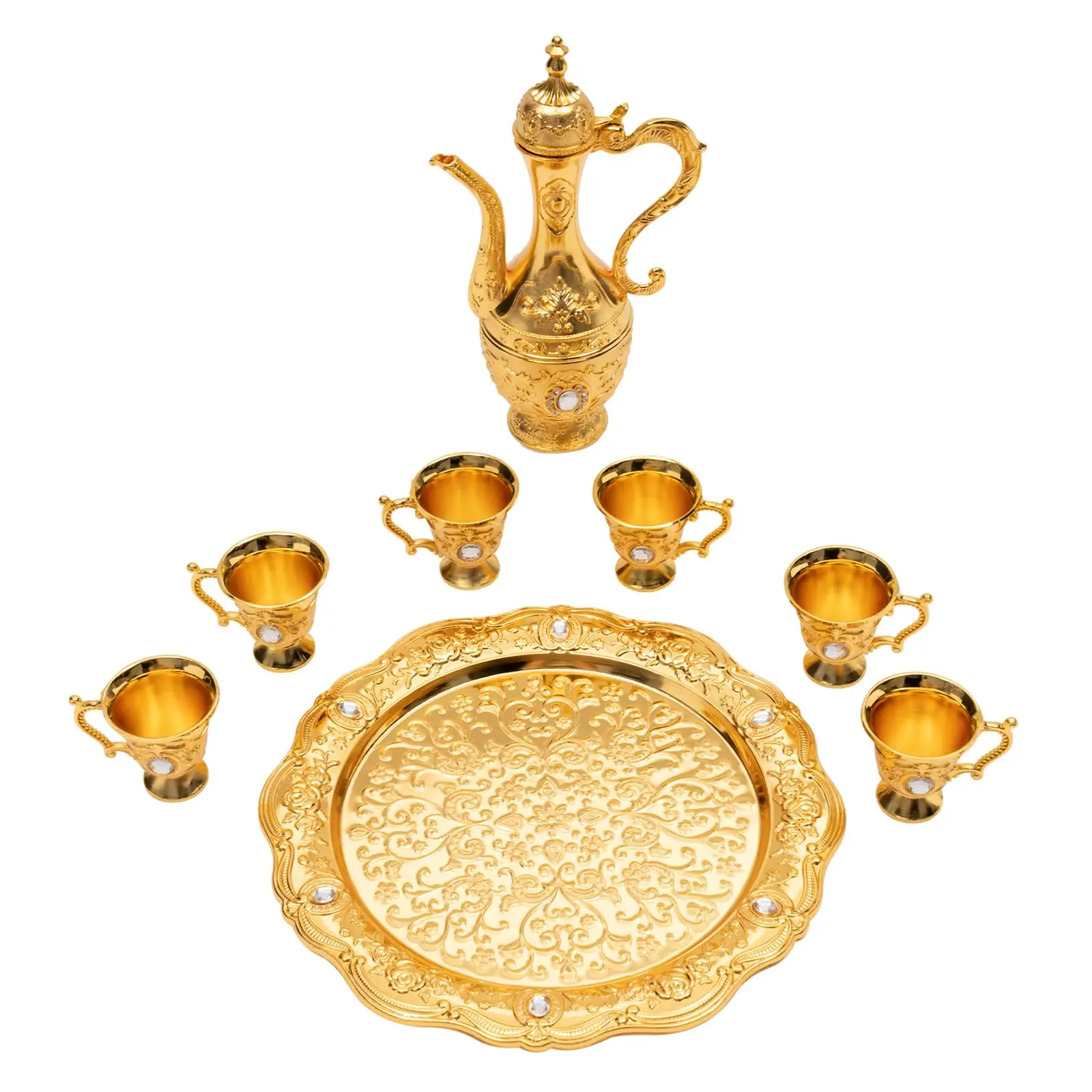 طقم إبريق قهوة تركي معدني عتيق، وعاء قهوة ذهبي مع أكواب شاي عتيقة، طقم شاي تركي مع 6 فناجين قهوة فاخرة وحرف يدوية #3