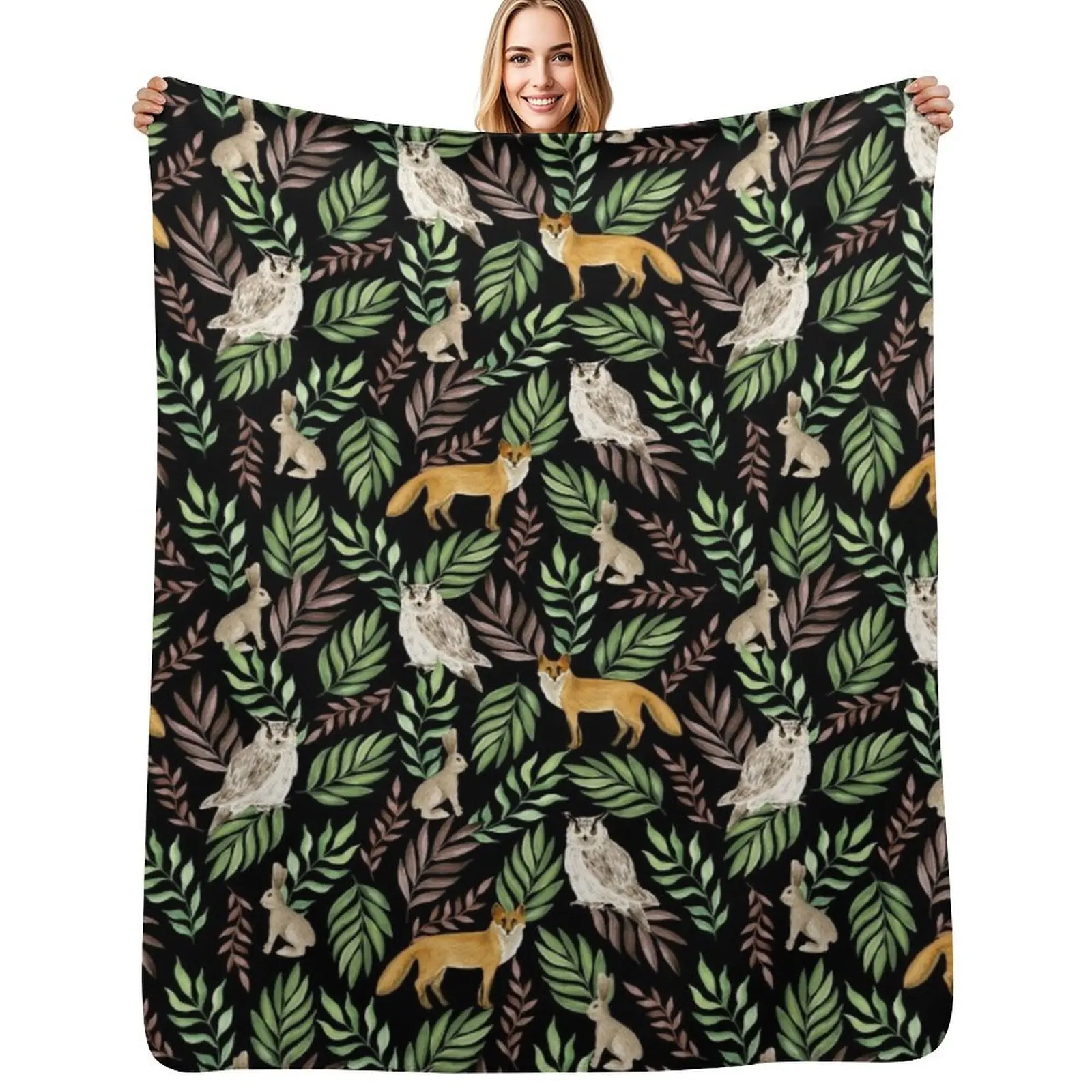 Foxes, owls, rabbits. Black pattern Throw Blanket Soft Warm Blanket Gift for Grandparents