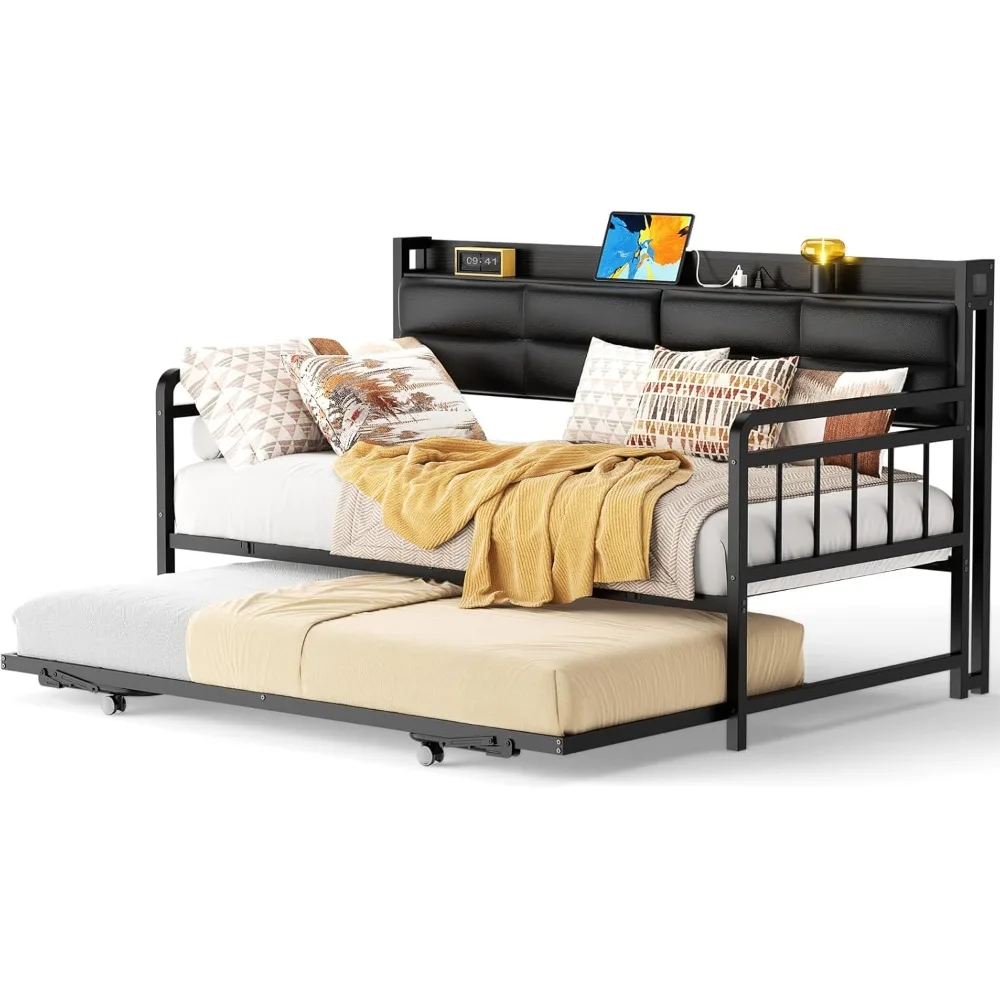 Daybed with Trundle Twin Day Bed with Upholstered Headboard and Charging Station Metal Twin Bed Frame Pop-up Trundle Bed