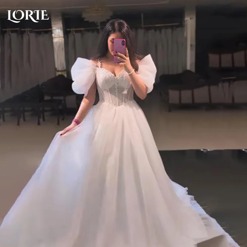 

LORIE Sexy Satin Puff Sleeve Wedding Dresses A-line Pleats High Collar Ruffle Elegant Customized Bridal Gown vestidos de novia