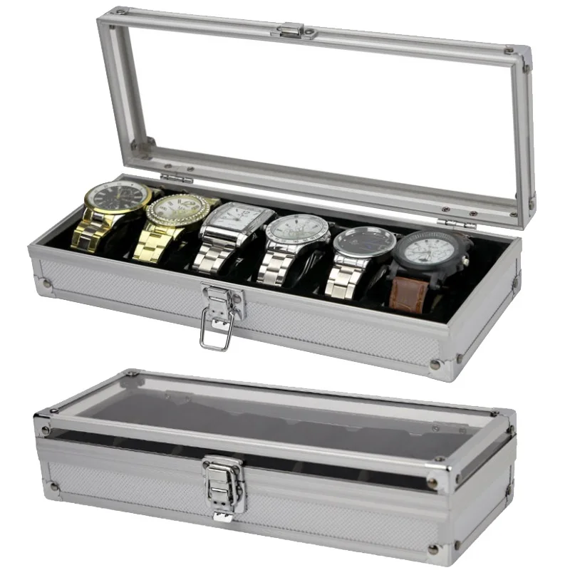 VANSIHO Promotion Silver Color Aluminum Alloy Watch Storage Box With Clock 6/12/24 Slots Collection Gift Boxes