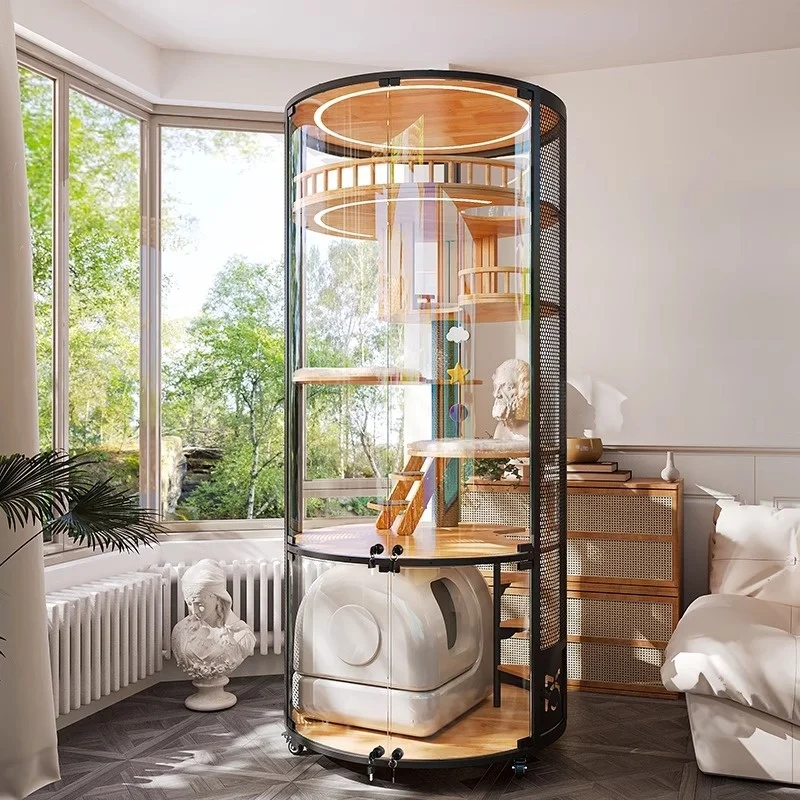 

Solid Wood Cat Villa Large Luxury Indoor Cat Cage with Round Panoramic Nest All-Season Solid Wood Pet House Cabinet