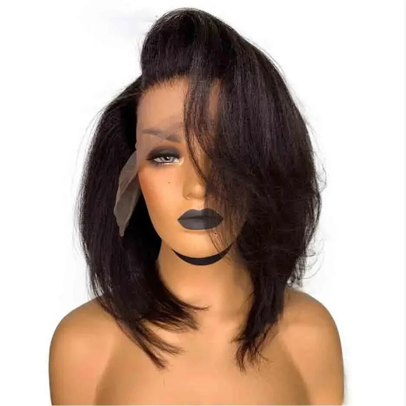 Peluca corta Bob para mujer, pelo de bebé sintético prearrancado, suave, sin pegamento, 20 ", 180de densidad, color negro Yaki