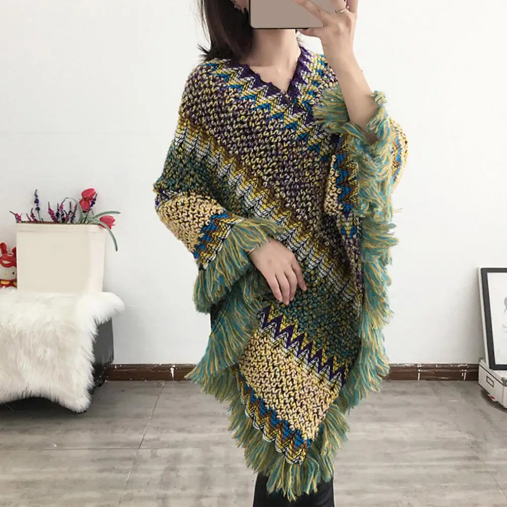 Thickened Warm Knitted Tassel Cape Coat Elegant Fringe Poncho Cape Coat V Neck Colorful Irregular Hem Sweater Cloak Loose Poncho