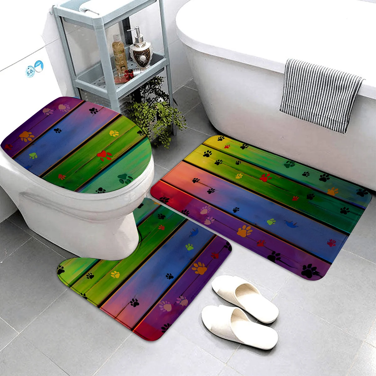 

3pcs dog paw print printed bathroom mat set, made of high-quality flannel fabric, soft, comfortable and washable. The set includ