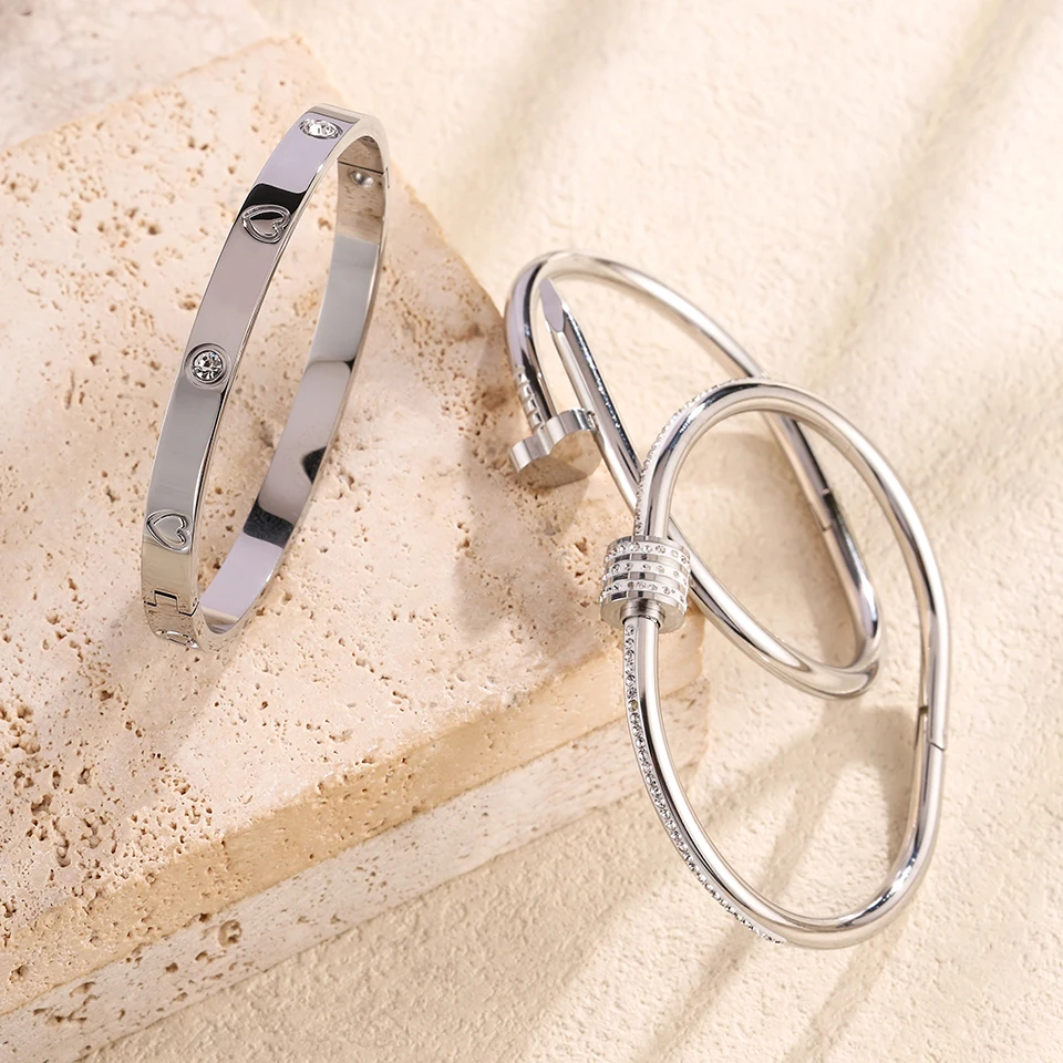 ZAKOL 3 قطع كلاسيكية من الفولاذ المقاوم للصدأ مجموعة أساور Buling حجر الراين البطانة على شكل قلب مقاوم للماء مكدسة مجوهرات هدية عيد الميلاد