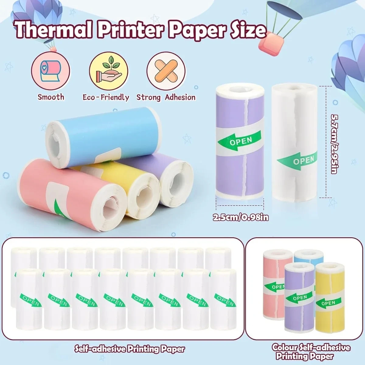 Mini Printer Paper Thermal Printer Sticker Paper for M02/T02 and 57mm Sticker Printer, 57x25mm, for Photo Journal Notes Memo