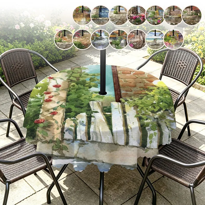 122/152cm Outdoor Oil Painting Floral Round Table Cover with Umbrella Hole Waterproof Oilproof Patio Garden Draped Tablecloth