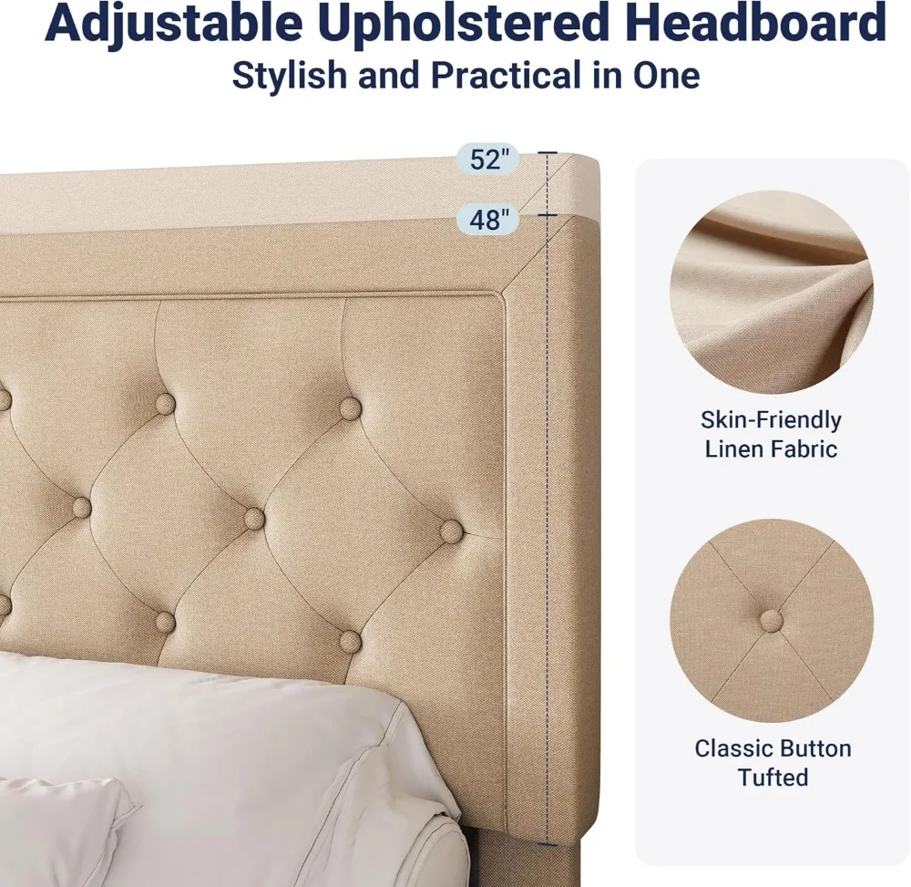 Cadre de lit rembourré Queen Size avec tête de lit réglable, support à lattes en bois et sommier de matelas en beige