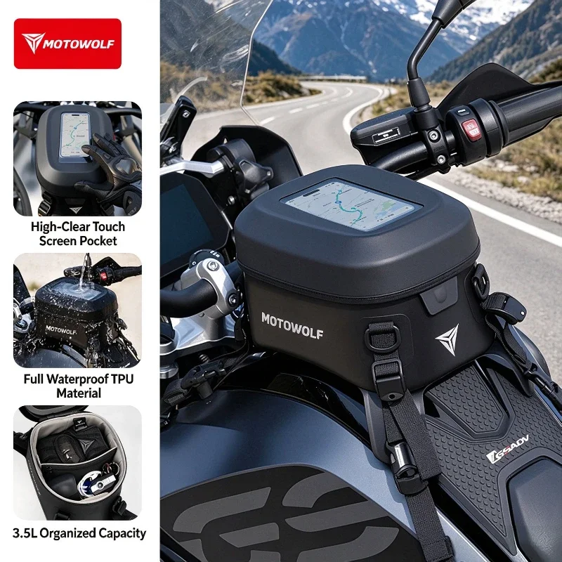 MOTOWOLF 3.5L Waterproof Motorcycle Tank Bag Touch‑Screen NavigationPouchQuickReleaseMultifunctionalUniversalRiderHandStorageBag