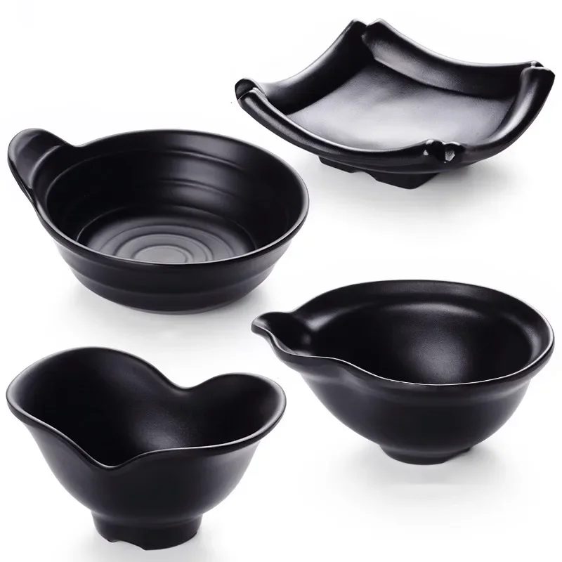 Black Frosted Plastic bowls Melamine Tableware Restaurant Sauce Bowl Creative Handle Bowl Irregular Tableware Snack Plate