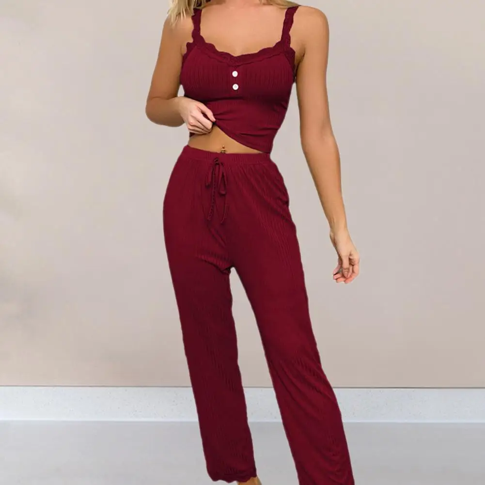 Women Pajama Set Solid Color Lace Flower Edge V Neck Tank Tops Drawstring Long Trousers Set Sexy Pajamas Camisole Loungewear