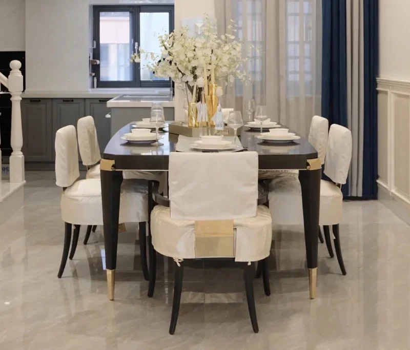 

-Modern American Style Solid Wood Dining Table and Chair Set Silk Upholstered Armrest Dining Chair Home Dining Room Furniture Se