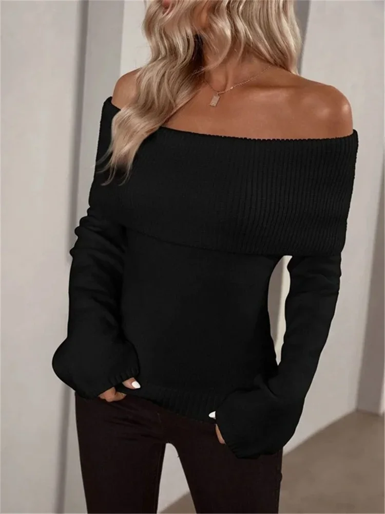 Witte Gebreide Trui Trui Vrouwelijke Off-Shoulder Slanke Mode Lange Mouw Hoge Taille Open Rug Losse Gebreide Streetwear Nieuw