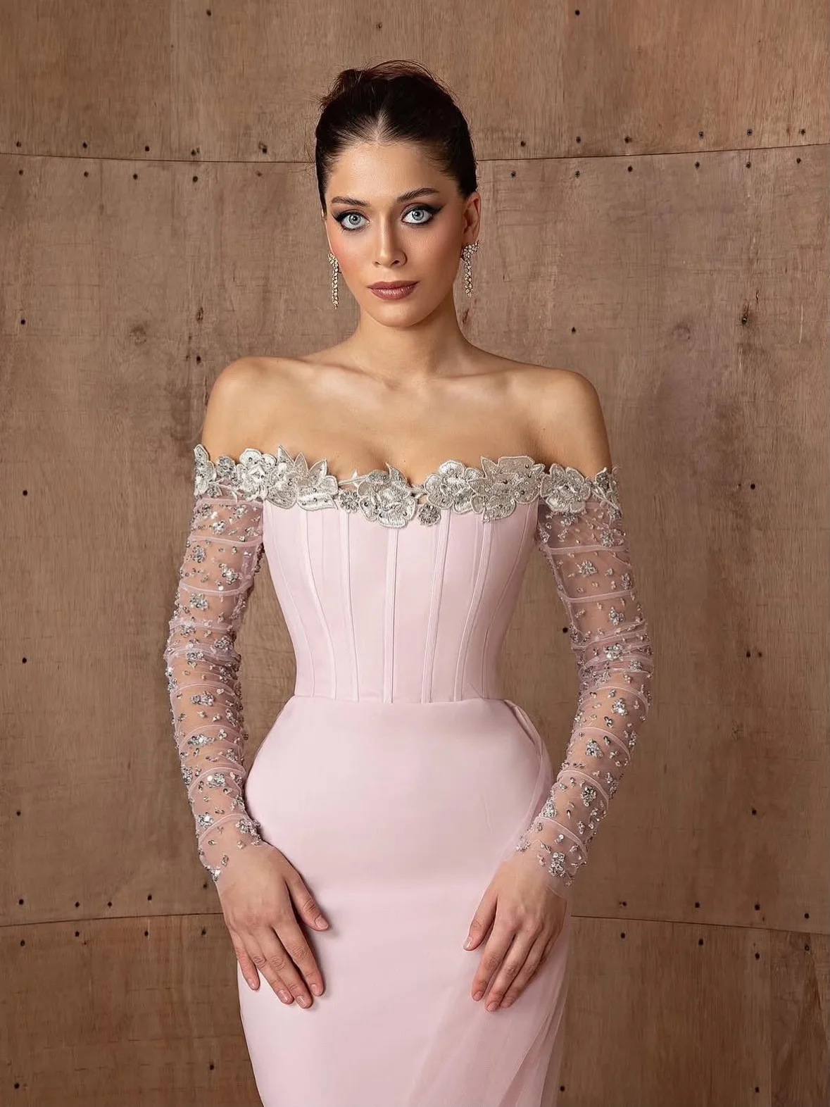 Aunber Luxury Pink Mermaid Boat Neck Evening Dresses Chest with Appliques Sheer Sleeves with Sequins Elegant Prom Party Dresses