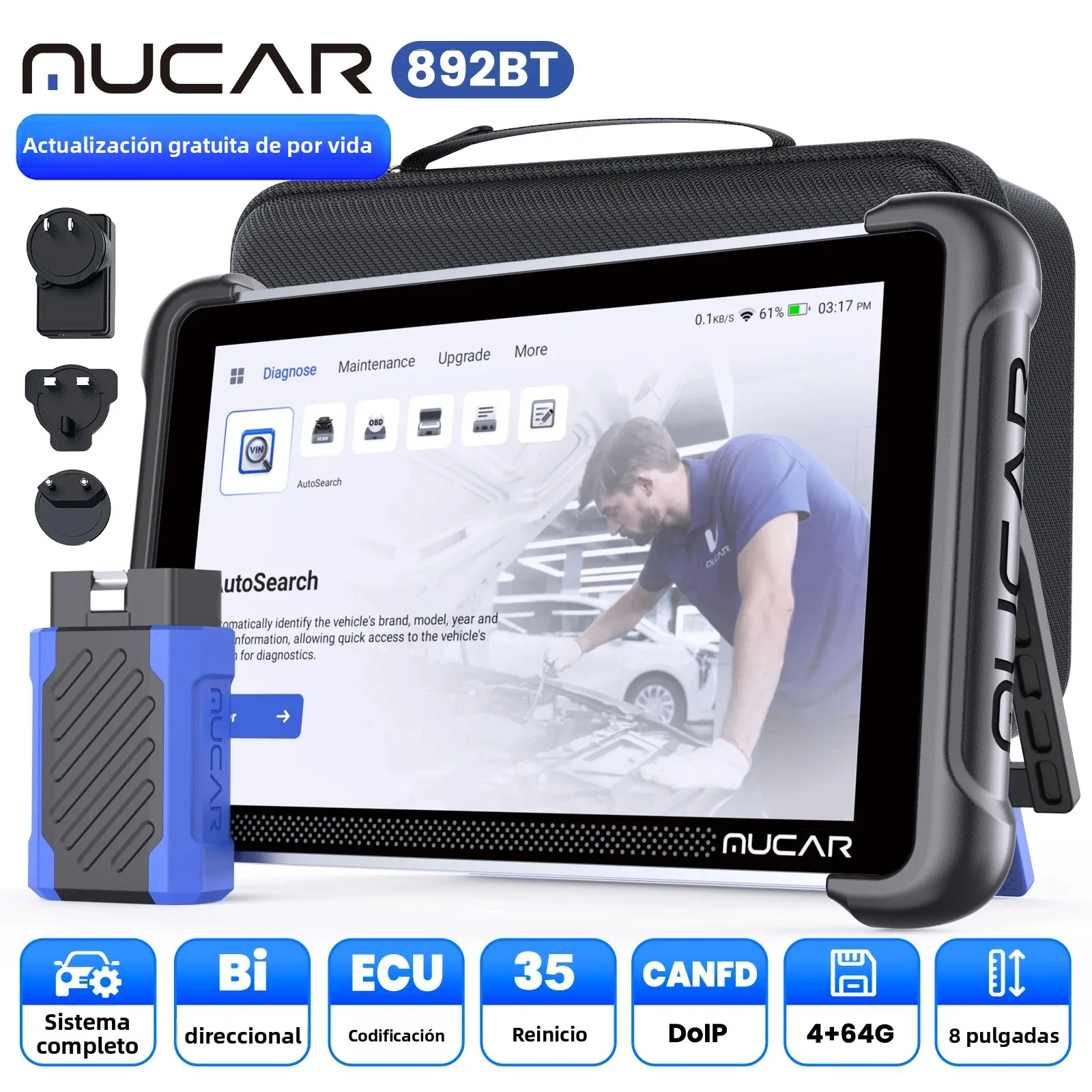 Herramienta de Diagnóstico OBD2 para Automóviles MUCAR 892BT con Función de IA, 35 Funciones de Reinicio, Codificación ECU Bidireccional, Diagnóstico Completo del Sistema de por Vida, 35 Funciones de Reinicio