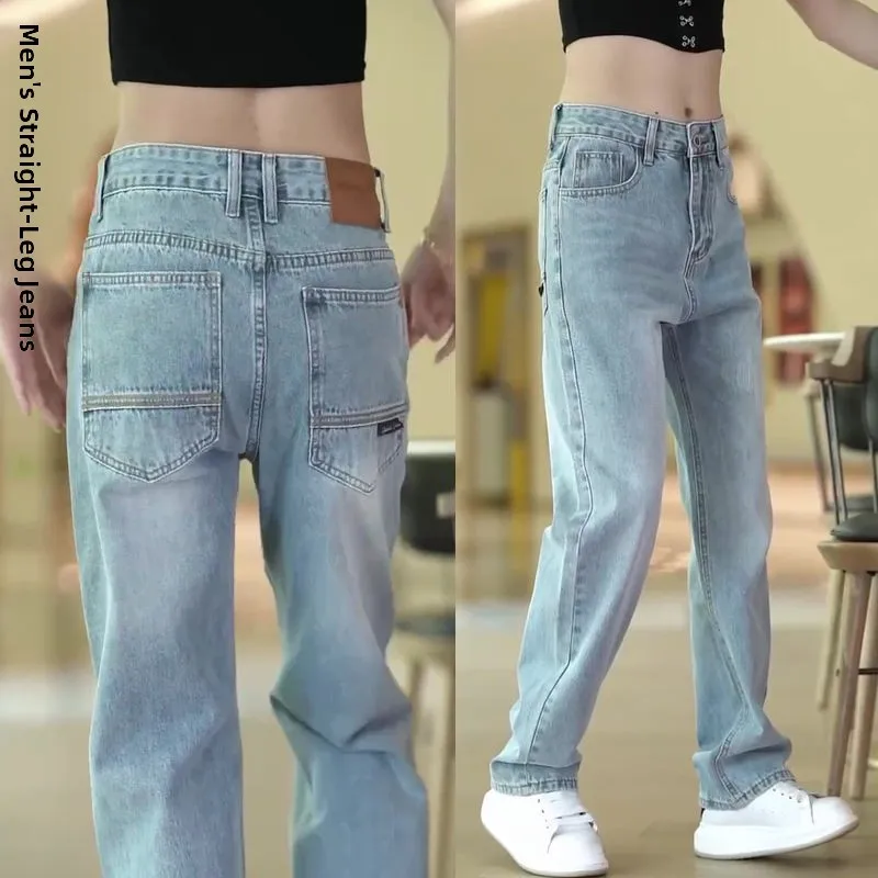 

Синие американские прямые джинсы, мужские свободные джинсы большого размера, повседневные длинные брюки, износостойкая рабочая одежда, хлопковая эластичная джинсовая ткань