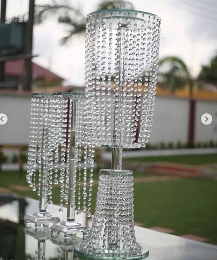 Hot Sale Hanging Beads Crystal Tall Flower Stand For Wedding Table Centerpiece Decoration