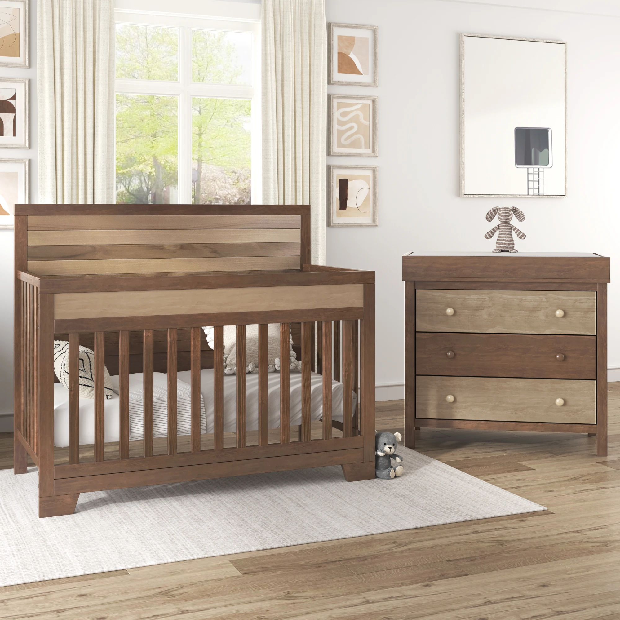 

3 Pieces Nursery Sets Baby Crib and Changer Dreeser with Removable Changing Tray Bedroom Sets Brown