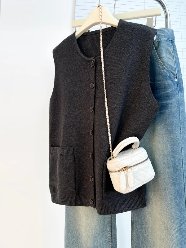 Gray Knitted Open Cardigan Vest Women's plus Size Cover Belly Layering Vest Lazy Style Fashionable Commute Wind Spring 2026