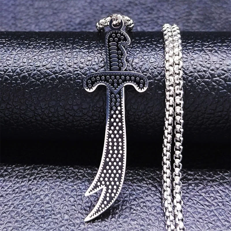 Nordic Vikings Style Islam Broadsword Stainless Steel Chain Necklaces Gold Color Long Necklace Pendant Men Jewelry Colier