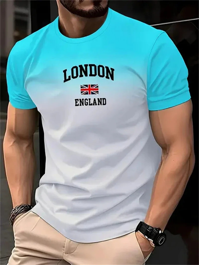 Herren-T-Shirt mit London-England-Flaggen-Aufdruck, Farbverlauf, kurzärmelig, Rundhalsausschnitt