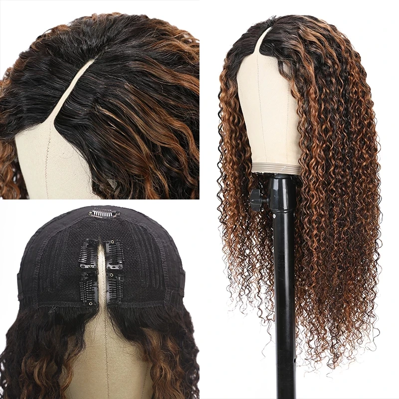 Highlight Curly Wig V Part Curly Human Hair Wigs For Black Women Brazilian Virgin Hair Wig No Leave Out No Sew In 250%