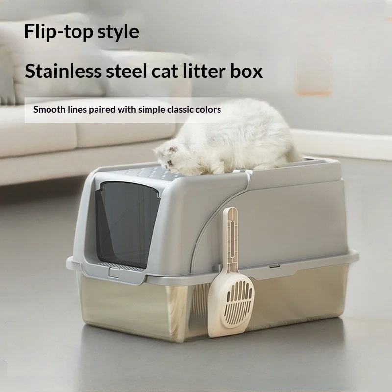 

New Extra Large Stainless Steel Fully Enclosed Cat Litter Box, Flip-Top Anti-Splash Odor Control Easy Clean Kitty Toilet