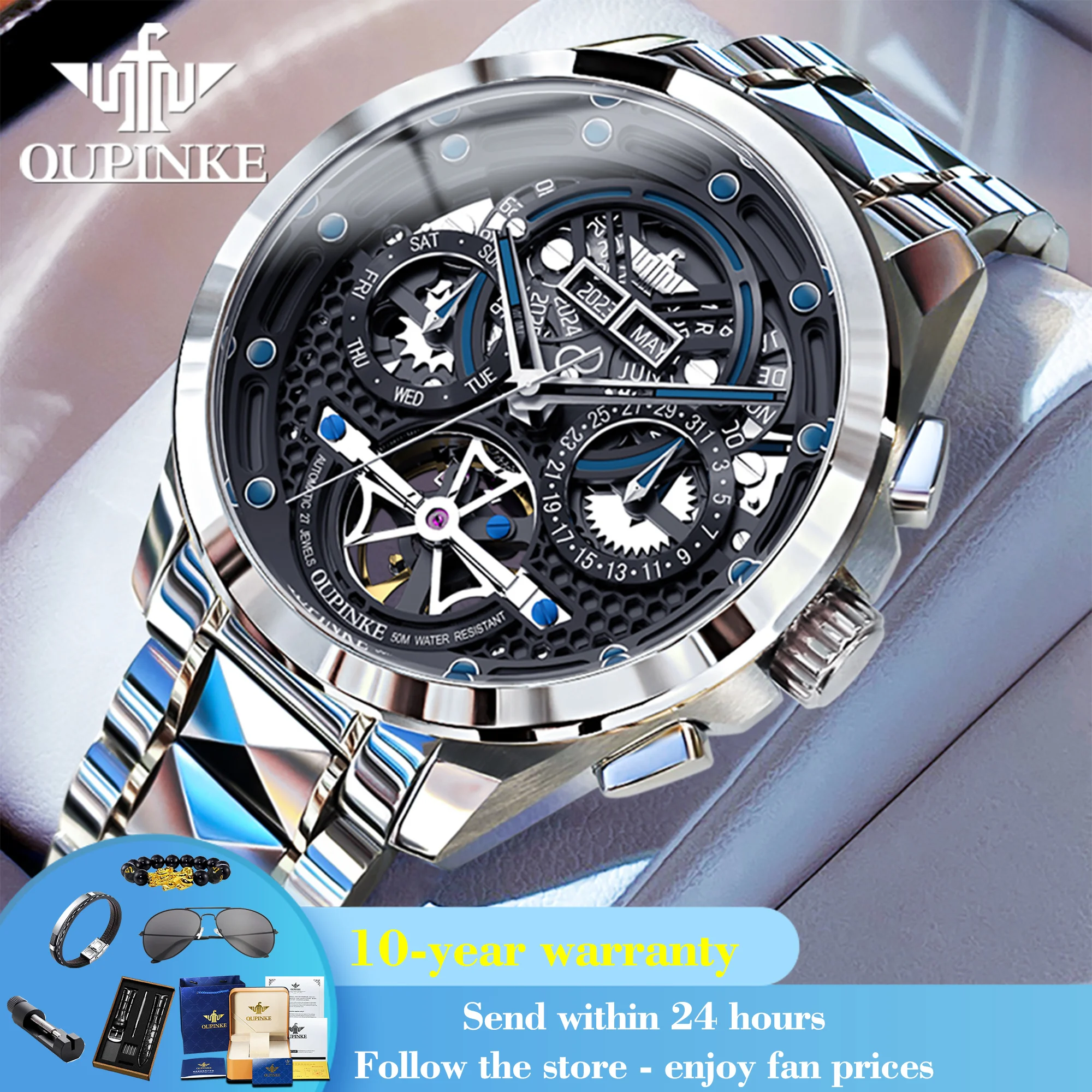 

OUPINKE 3249 Top Brand Original Mechanical Watch For Men Hollow Skeleton Synthetic Sapphire Mirror Wristwatch Waterproof Watches