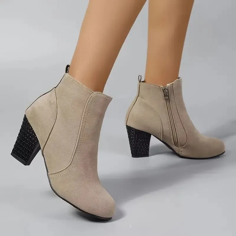 Black High Heels Ankle Boots for Women Autumn Side Zip Khaki Short Botas Mujer Fashion Thick Heeled Booties