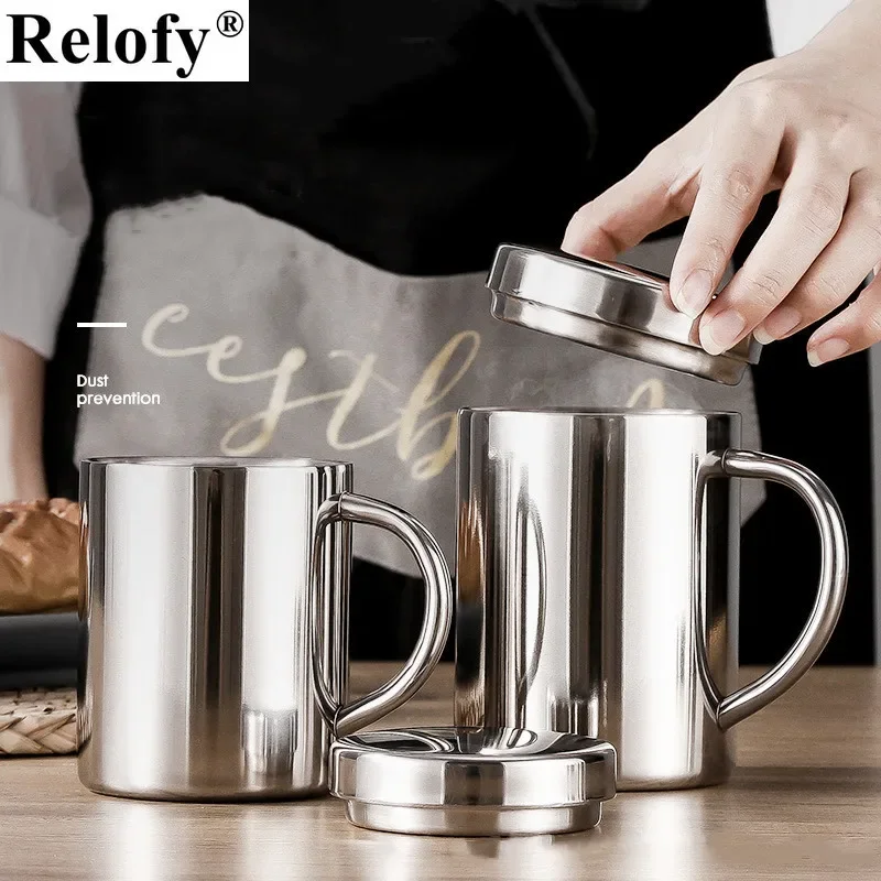 400ml 304 Stainless Steel Double Wall Mugs with Lid Coffee Cup Creative Water Cup with Handle Heat Insulation Beer Mug Drinkware