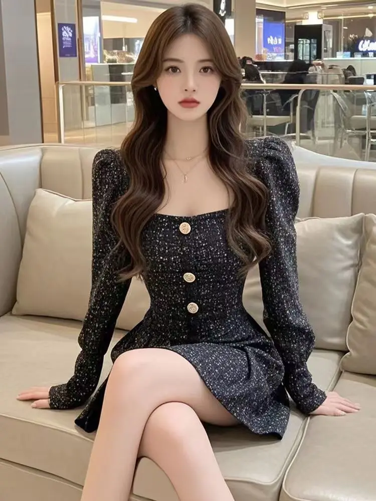 Black Square Neck Dress Women\'s New Style Light Luxury Waist Cinching Slimming A-line Short Skirt