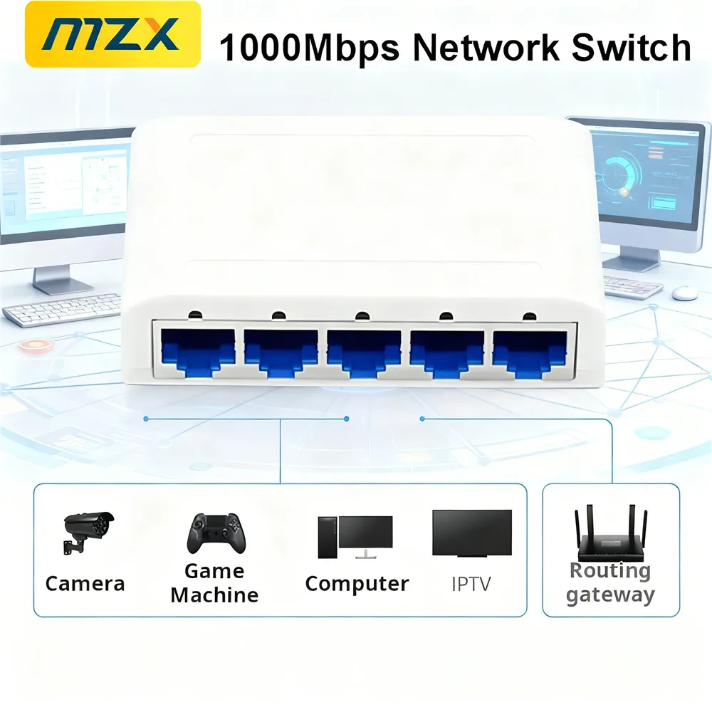 1000Mbps Network Switch Gigabit 5 Ports Mini Ethernet Hub RJ45 Switcher Rounter Networking Internet Laptop PC Setup Accessories