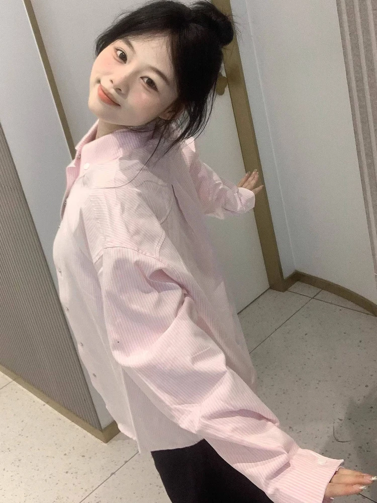 

Retro American Pink Striped Women's Shirt Spring Outerwear Loose College Style Top Embroidered Doggie Collar Long Sleeve