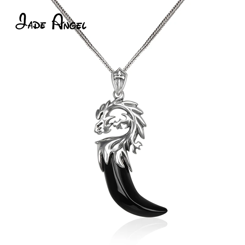 Jade Angel Black Onyx Wolf Tooth Spike Pendant 925 Sterling Silver Dragon Necklace With Foxtail Chain Male Jewelry Accessorie