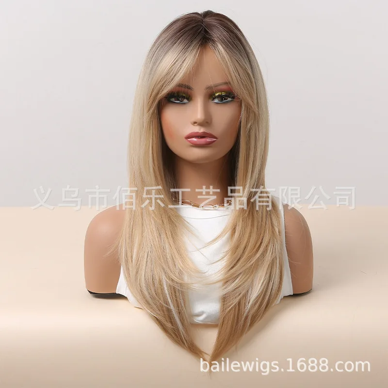 Cross-border wig with golden figure-eight bangs, gradient long straight hair, full head cover, matte silk rose net wigs
