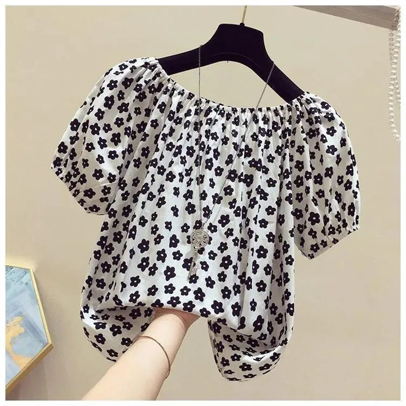 Fashion Slash Neck Folds Chiffon Floral T-Shirt Female Clothing 2023 Spring New Oversized Casual Pullovers Loose Sweet Tee Shirt